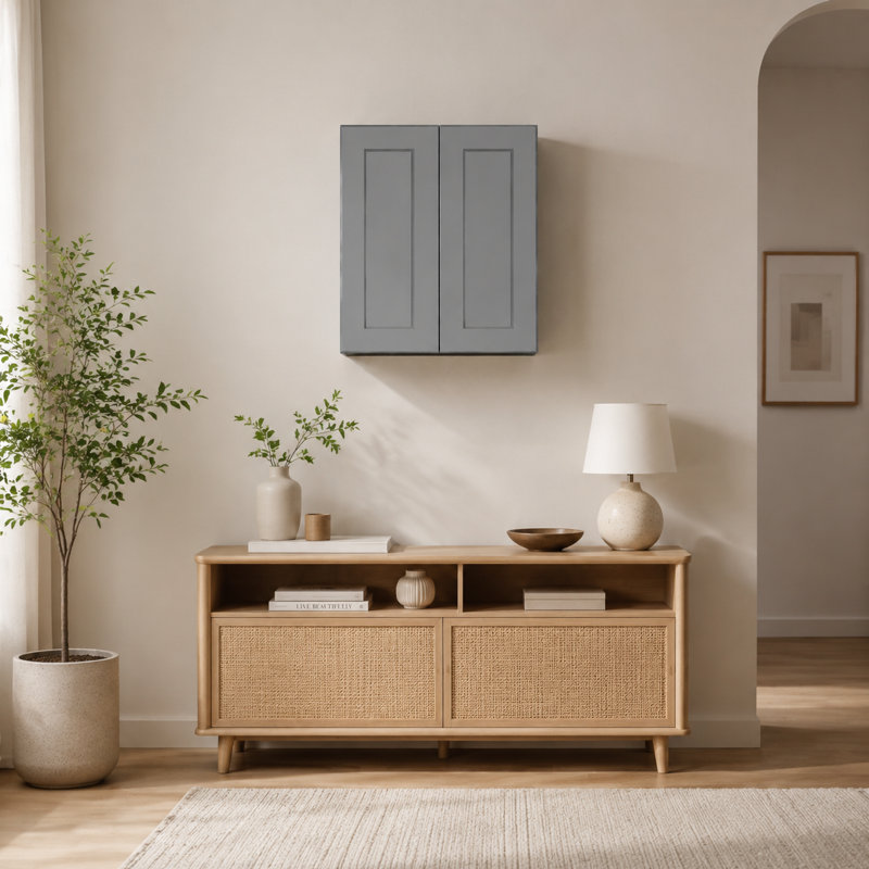 Armoire murale grise avec portes doubles et tablettes réglables. 