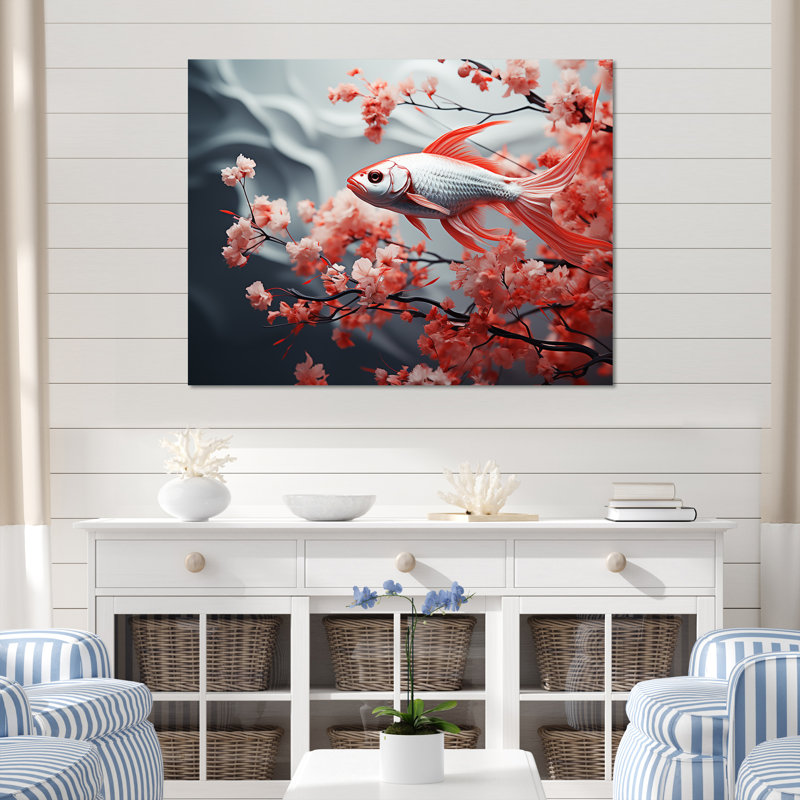 " Red And Grey Kois Fish Swimming With Serenity II ", Wrapped Canvas, 16" H x 32" W x 1" D