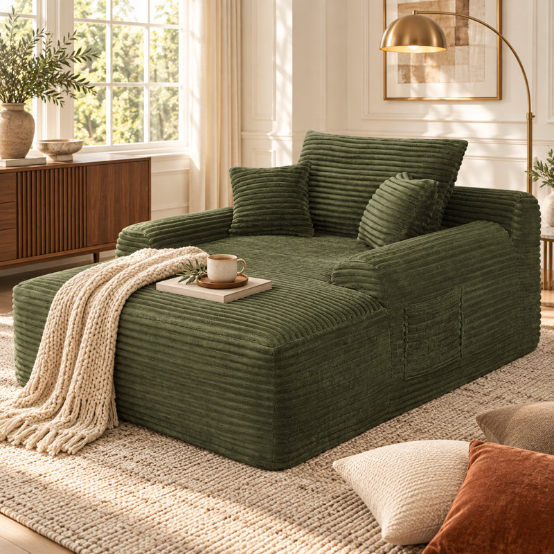 Canapé-lit convertible en tissu pelucheux, sans dossier, avec méridienne, larges accoudoirs et coussins décoratifs. Aucun assemblage requis. Parfait pour le salon ou la chambre. Vert.