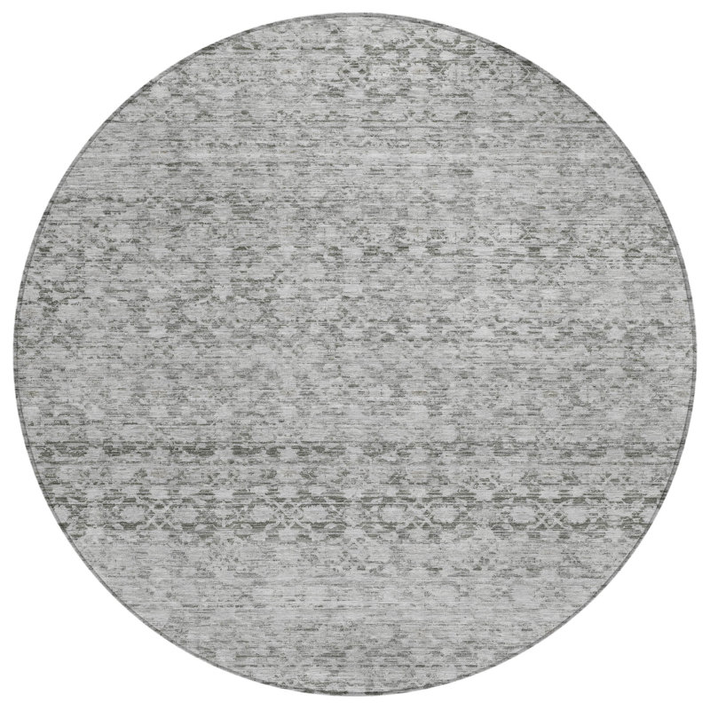 Machine Washable Indoor/Outdoor Xhevrie Gray Rug, Round 8'