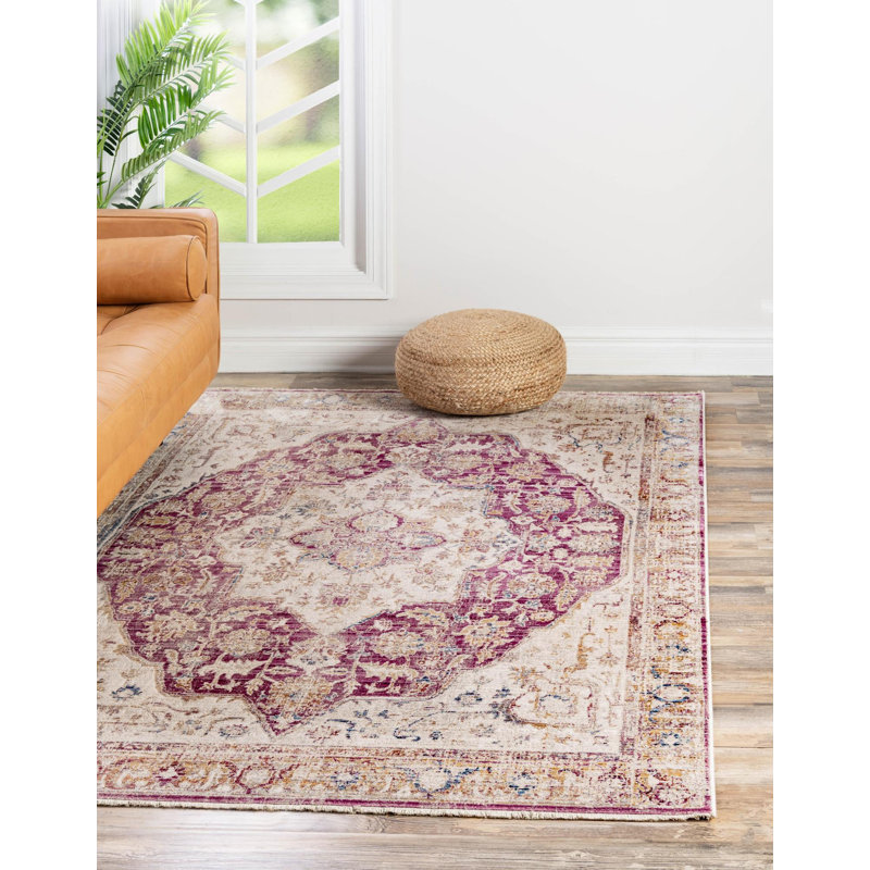 Tapis traditionnel Orianthi couleur ivoire / lavande, Rectangle 7 pi 10 po x 9 pi 8 po