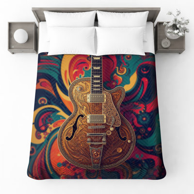 Intricate Guitar Engraving Quilted Bedspread All Sizes