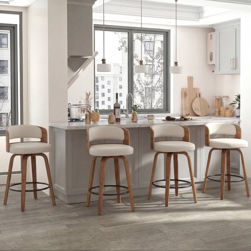 Tabourets de bar rembourrés 28,3 po Mid-Century avec dossier en bois courbé, Beige