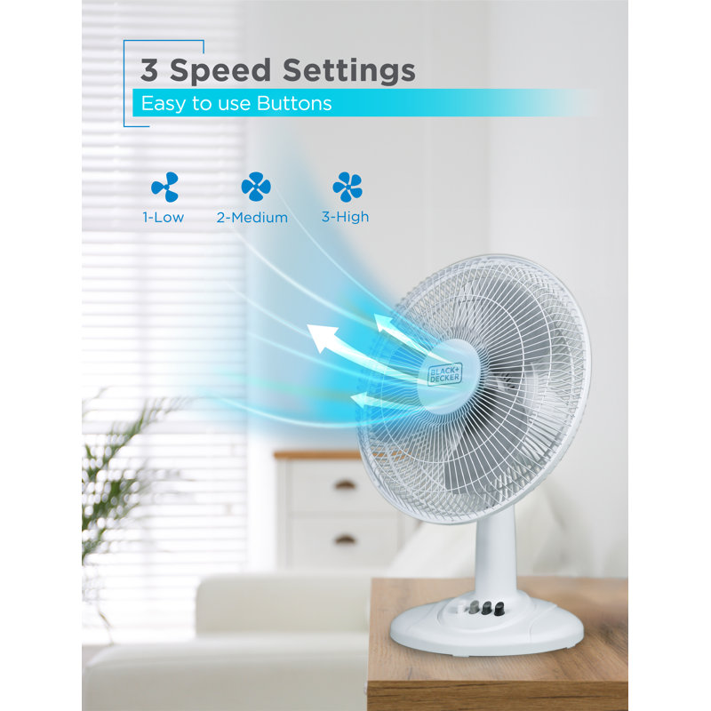 BLACK+DECKER Desk Fan for Home and Office, 12” Fan with 3 Speed Settings, Oscillating Portable Fan
