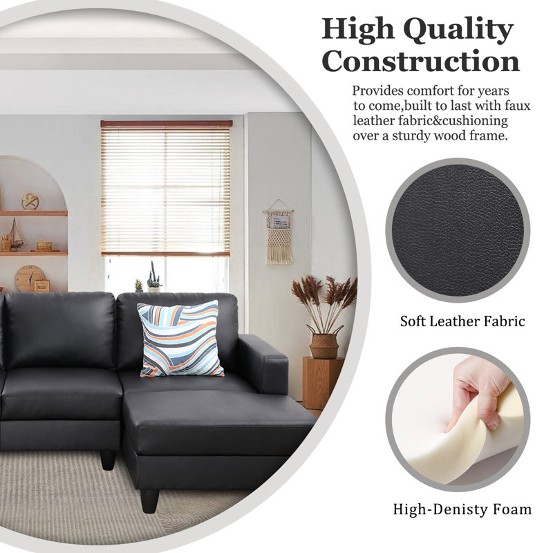 Stevo Faux Leather Living Room Set, Black Faux Leather, Right - Facing