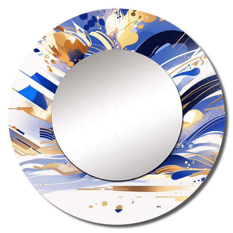 Bleu blanc cubiste kaléidoscope I - miroir unique cubique, grand miroir mural rond bleu, impression d'art en métal