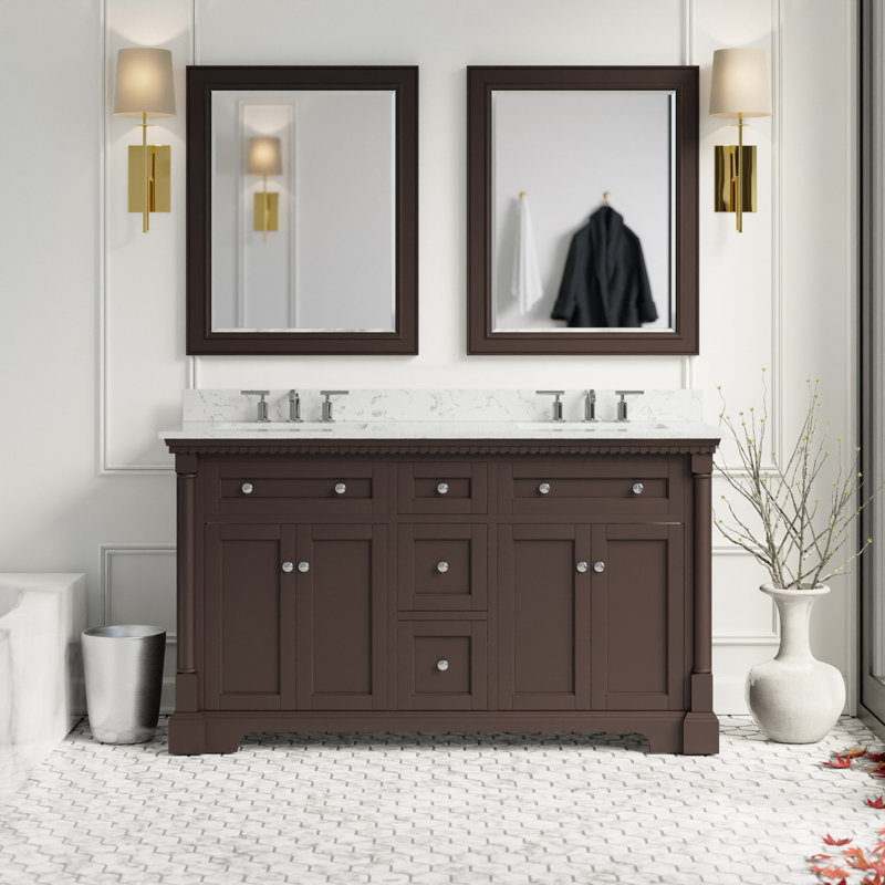 Ensemble de meuble-lavabo double 60 po avec armoire chocolat et comptoir en marbre, Chocolat, Marbre d'ingénierie