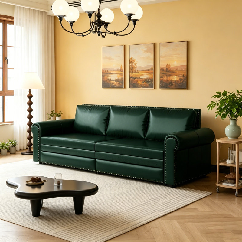Chesterfield King Pull Out Sofa Bed, 3-In-1 Faux Leather Convertible Sleeper With Nailhead Trim & Rolled Arm, Multi-Functional And Stylish