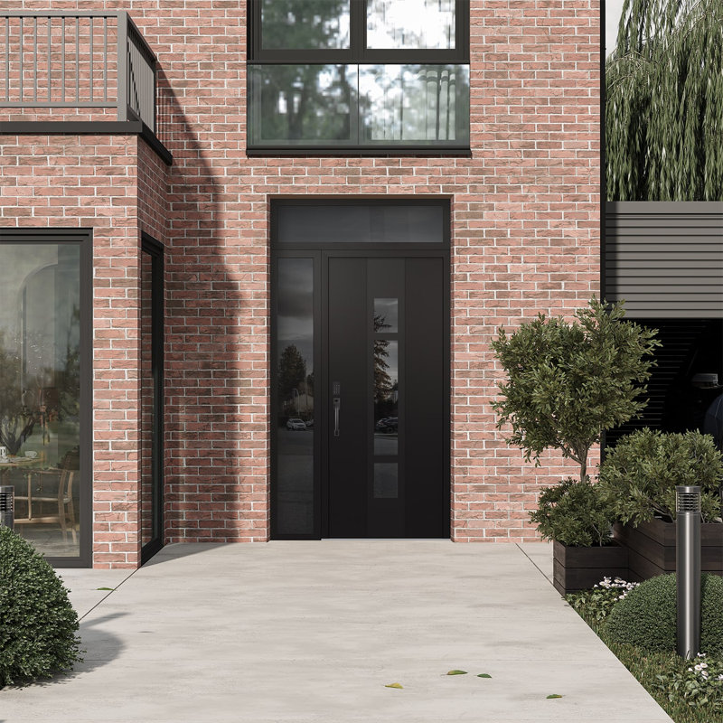 Porte d'entrée pré-suspendue en acier à panneau noir Diamond A9 avec panneau latéral et traverse, Droite / vers l'intérieur