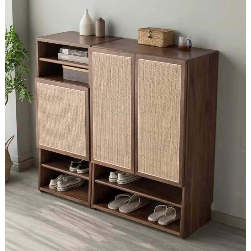 Large-capacity solid black walnut rattan shoe cabinet