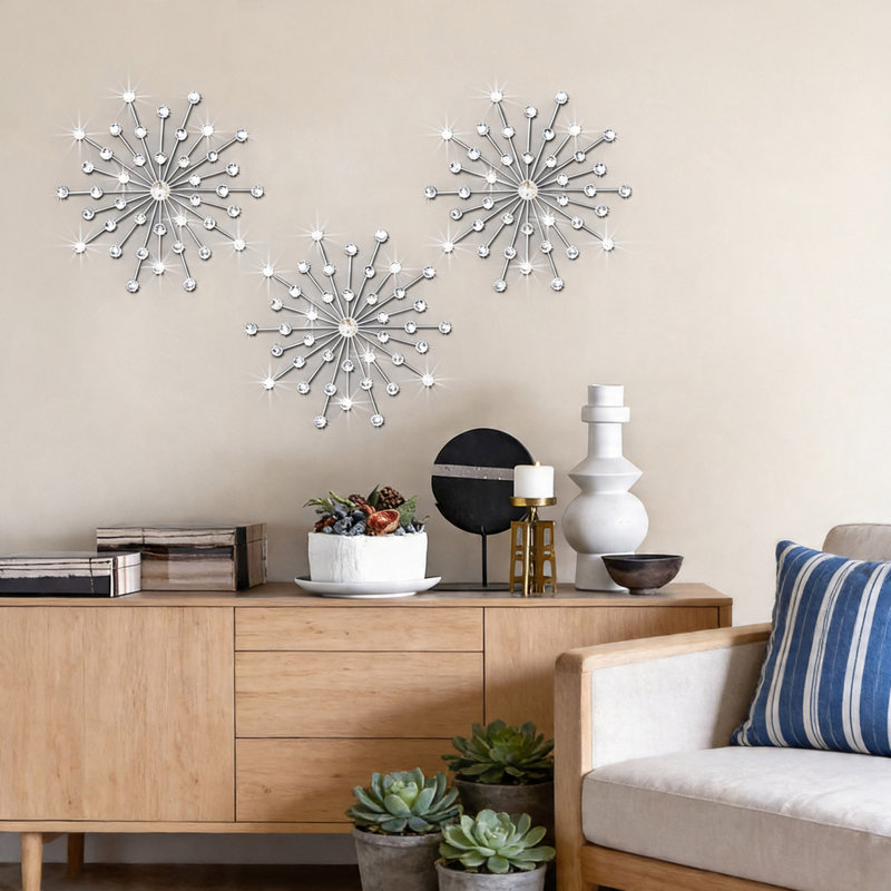 Sunburst Wall Decor Set of 3, Metal Crystal Starburst Wall Art with Rhinestones, Modern Glam Wall Hanging for Living Room, Bedroom, Bathroom