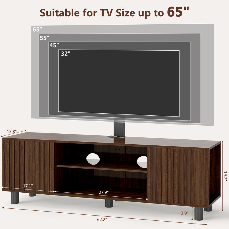 Fluted TV Stand with Swivel Mount & Power Outlet for TVs up to 65", Height Adjustable, Walnut