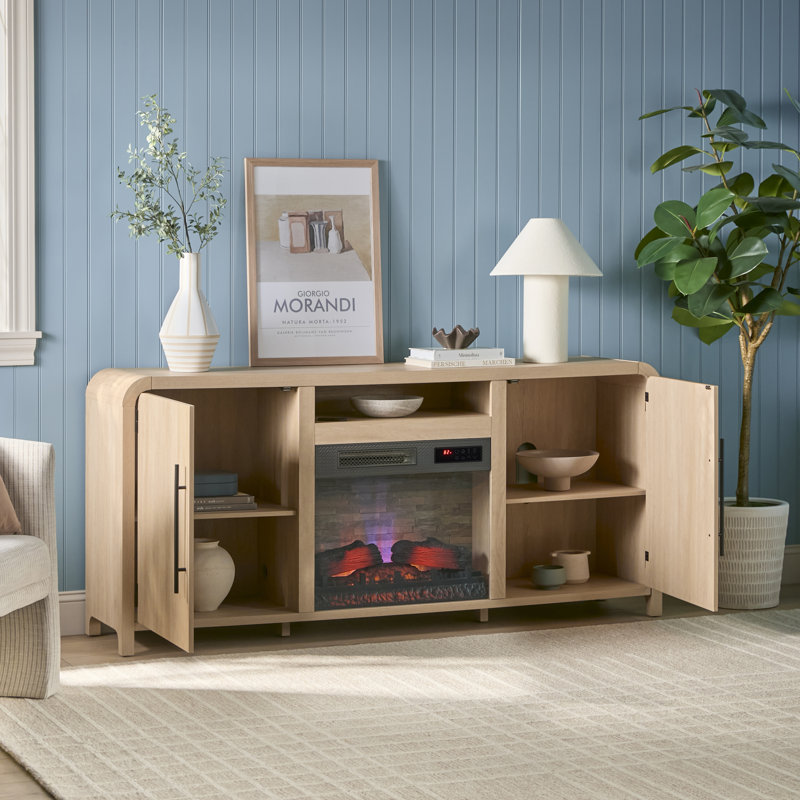 Meuble télé moderne incurvé Chantelle de 70 po avec foyer électrique intelligent duraflame®, commande vocale et application Alexa, chêne côtier