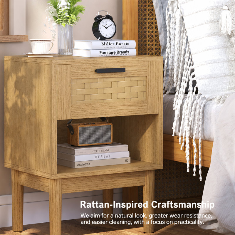 Set of 2 Rattan Bedside Tables with Drawer and Open Shelf, Effect Nightstands with Woven Front and Black Metal Handle, Boho Bedroom Side Tables
