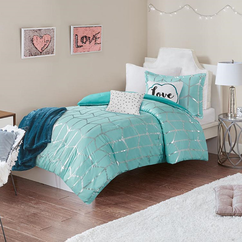 Aqua and Silver Twin Microfiber Comforter Set with Shams