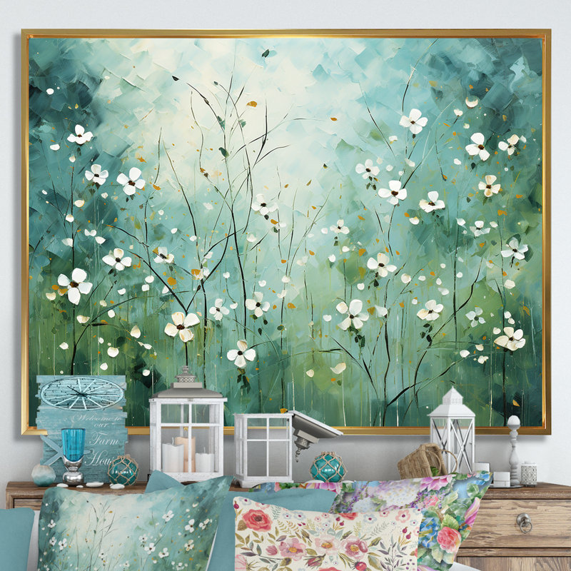 «White and Green Herbs Symphony I», art mural sur toile florale, Cadre flottant doré, H 16 po x l 32 po x P 1 po