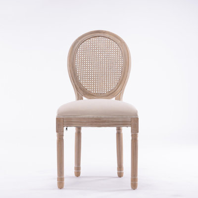 Chaise de salle à manger à structure française en bois massif avec dossier en rotin de style français, ensemble de 2, crème