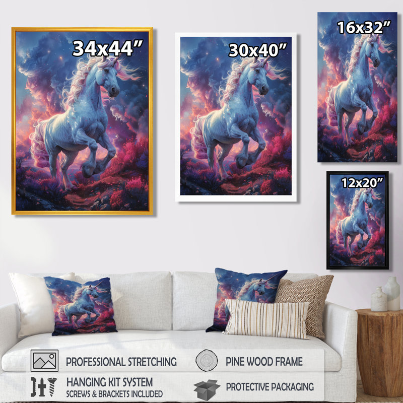 Décoration murale licornes roses et bleues II - licornes, Cadre simple noir, bois massif, H 24 po x l 32 po