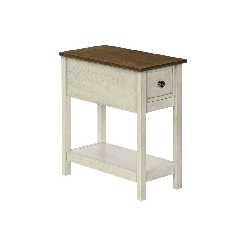 Table d'appoint, bout, table d'appoint, 2 niveaux, étroit, chambre à coucher, lampe, tiroir de rangement, placage blanc antique, placage brun, transitionnel