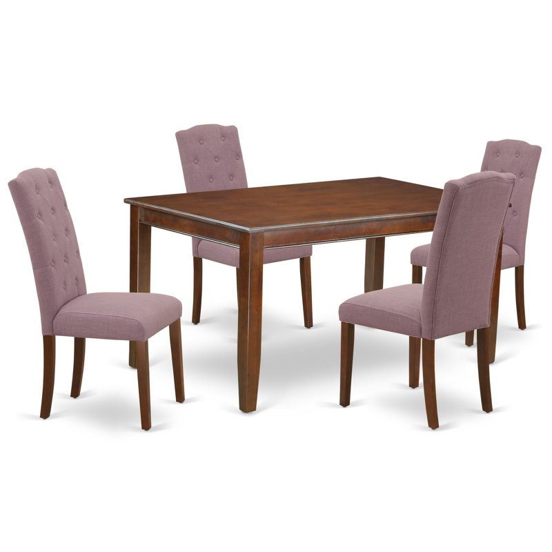 5 Piece Kitchen Table & Chairs Set Includes a Rectangle Dining Table and 4 Dahlia Linen Fabric Parson Dining Room Chairs, Mahogany