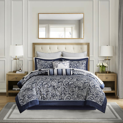 12 pièces d'édredon bleu marine. Draps en coton. Taille de literie à motif cachemire captivant en bleu marine. 100% élégant
