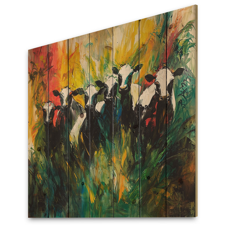 Abstrait troupeau de vaches I - Art mural en bois de vache - sur bois de pin naturel, H 30 po x l 30 po x P 0,78 po