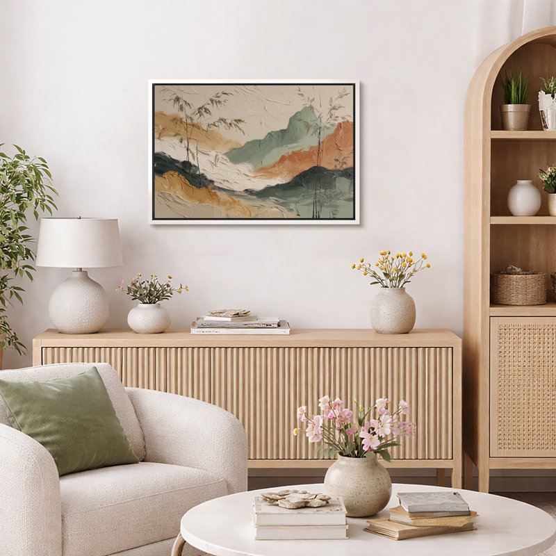 «Neutral Earth Tone Abstract Landscape Bamboo Artwork», photos de salon, impression sur toile encadrée, Cadre blanc