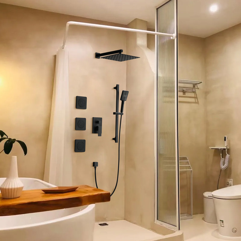 12 Inch Slide Bar Shower System,square Shower Sets Complete Rain Shower Head With Handheld And Body Jets Combo,wall Mounted