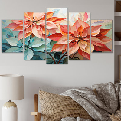 Fleur de poinsettia géométrique abstraction II - art mural floral salon - 5 panneaux