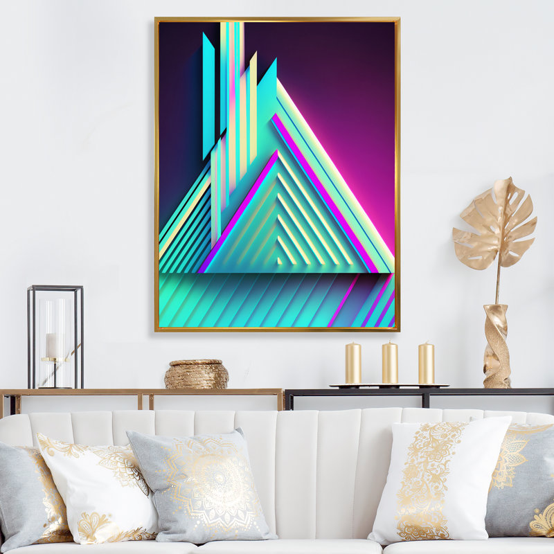Neon dieu abstrait rétro géométrique - art mural moderne géométrique salon, H 44 po x l 34 po x P 1,5 po, Cadre flottant doré