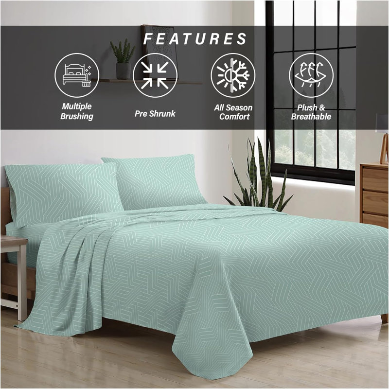 100% Cotton Standard Sheet Set, Geometric, Teal, King (264 x 264cm)