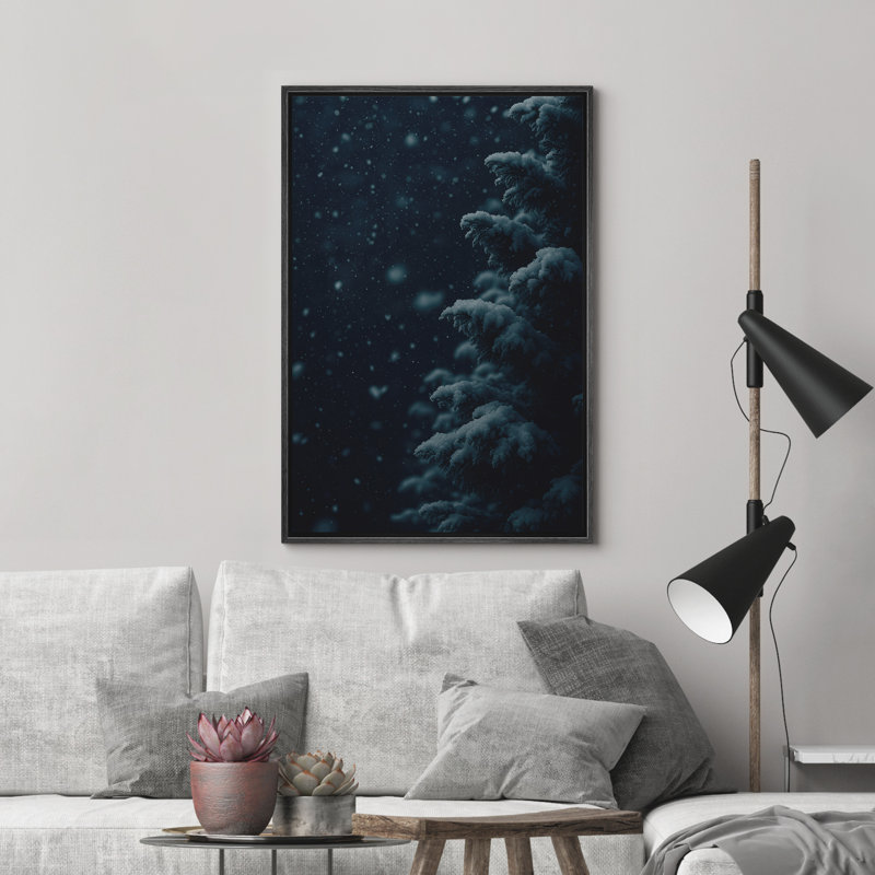 «Snowy Pine Tree Branches in Dark Winter Night Scene», reproduction d'art sur toile encadrée dans la chambre principale, Noir