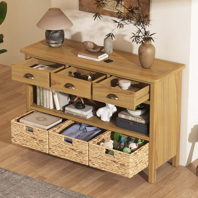 Retro Console Table with 3 Storage Drawers, Entryway Table with 3 Water Hyacinth Woven Baskets, Natural