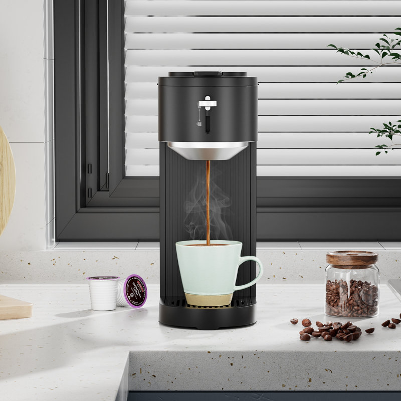 Cafetière à portion individuelle Cowsar pour capsules et motifs, 5 tailles d'infusion (6 à 14 oz), hauteur réglable, conception compacte, nettoyage rapide et facile, parfaite pour la maison / le bureau / les voyages, noir