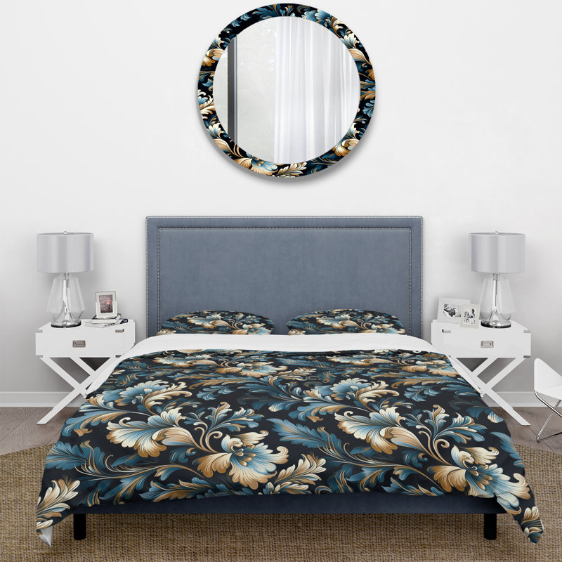 Ensemble de housse de couette doré et bleu à motif damassé de luxe I, Housse de couette pour très grand lit et 2 très