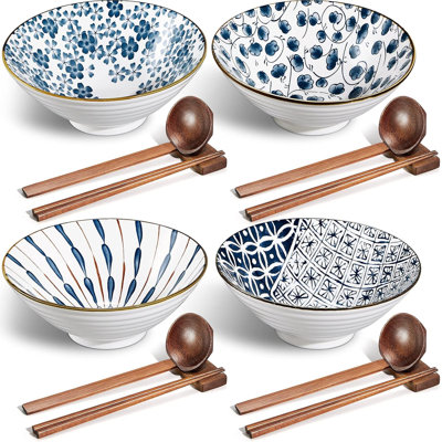 Bol en céramique Ramen, grands bols à nouilles 40 oz avec cuillères, baguettes et baguettes pour Udon, Soba, Pho, nouilles, ramen, salade et soupe, ensemble de 4 (style classique)