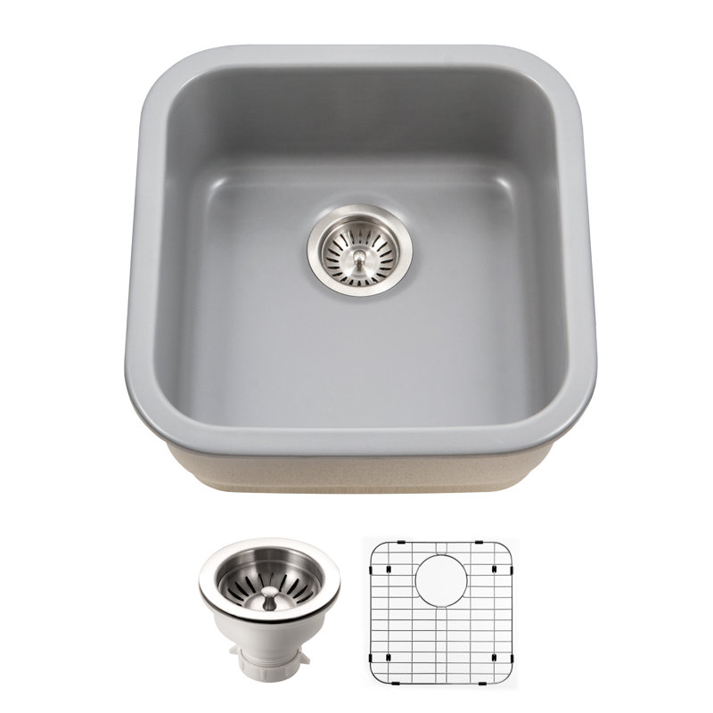 Évier de bar carré en argile réfractaire 19 po avec passoire et grille Houzer Platus, Gris