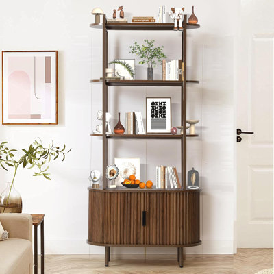 71" Tall Fluted Bookshelf With Sliding Tambour Doors, 4-Tier Book Shelf With Open Display Shelves And Adjustable Footpad, Modern Bookcase With Storage Cabinet For Living Room, Bedroom