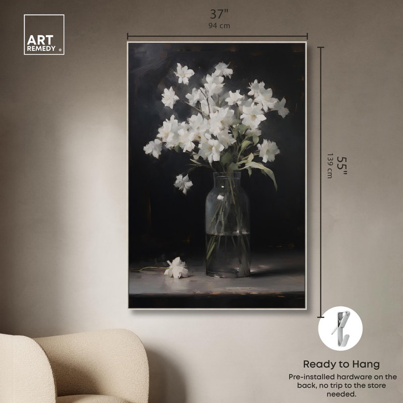 Fleurs sur ma table de chevet, art mural floral élégant par Art Remedy, Cadre argenté, 55" H x 37" W