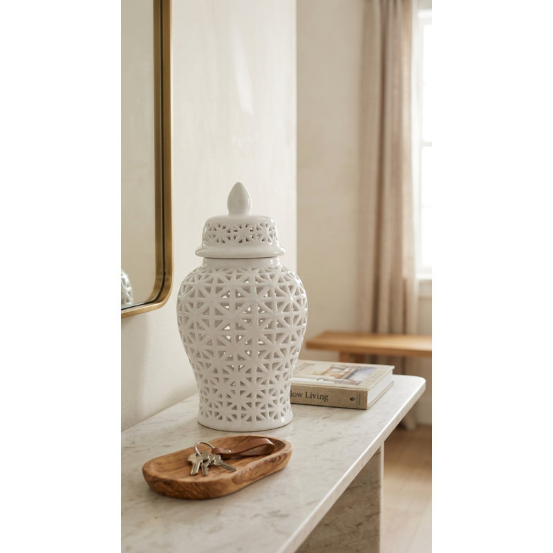Debraa Handmade Ceramic Cutout Ginger Jar with Lid – Available in White & Gold (2 Sizes), 16.5" H x 8.75" W x 8.75" D, White