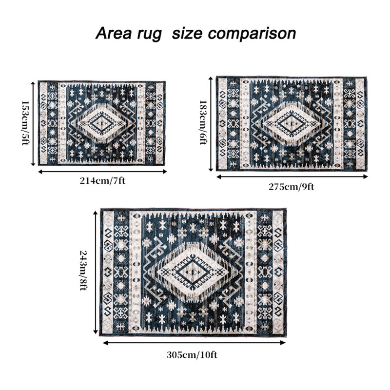 Tapis rétro 5X7, antidérapant, lavable, cuisine de salon, bleu / noir parfait pour le bleu noir