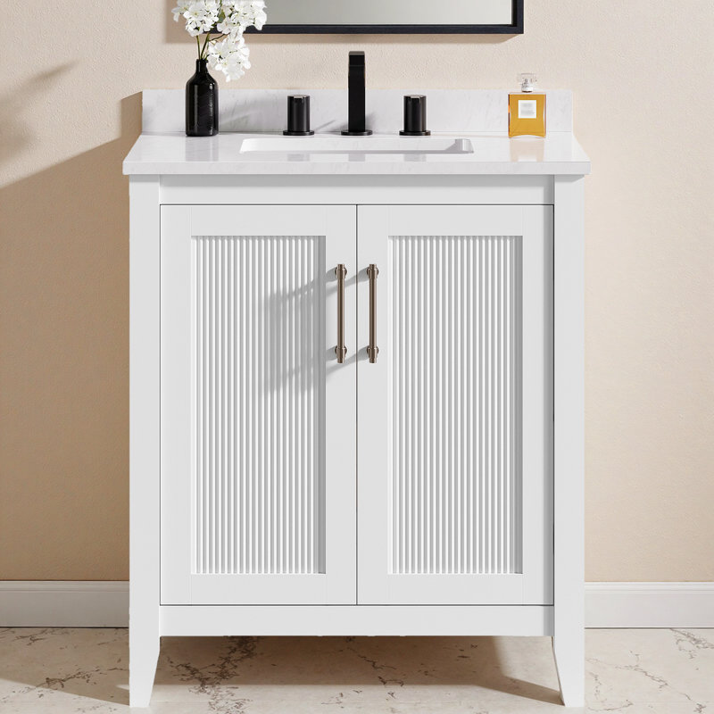Meuble-lavabo simple 30 po avec plateau en pierre reconstituée, portes à fermeture douce, blanc