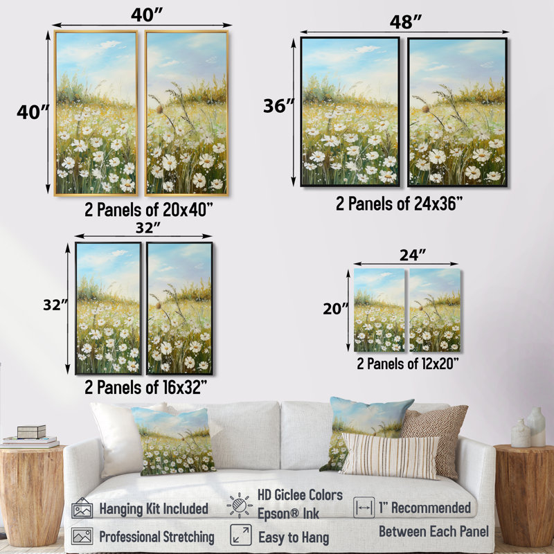 "Daisies In The Sunlight Flowers Field - Floral Flower Field, art mural sur toile, H 36 po x l 48 po, Argent argent