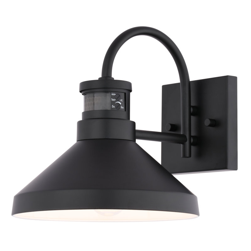 Vina 9.5 In. H 1-Light Matte Black And White Motion Sensor Dusk To Dawn Outdoor Wall Sconce, Durable Steel Shade With White Interior, Use For Exterior Porch Patio Front Door Or Garage