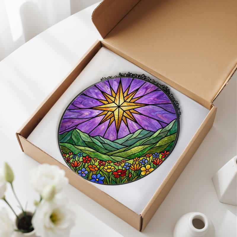 7.8"H Star Sky Stained Glass Window Panel, 7.8" H x 7.8" W