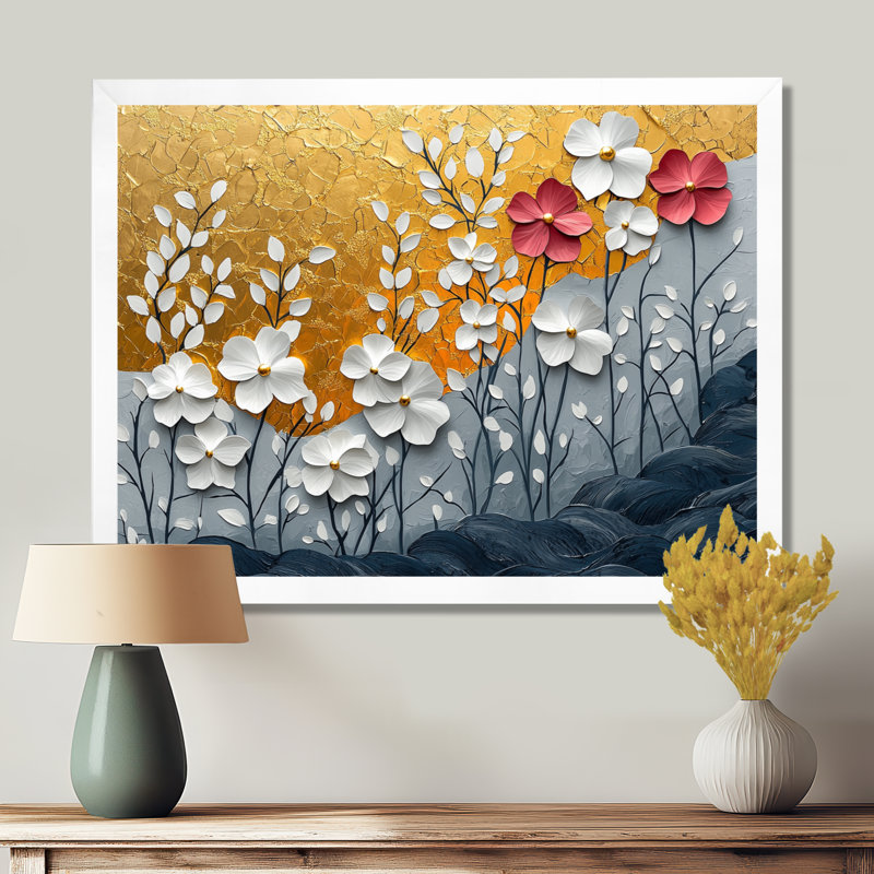 Fleurs sauvages et coquelicots «Golden Horizons» - Art mural fleurs sauvages, H 24 po x l 32 po, Cadre simple, Blanc