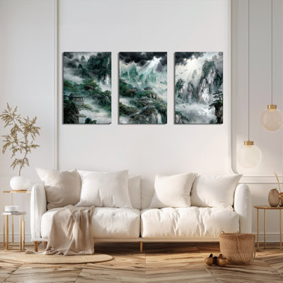 Ensemble de 3 toiles murales représentant des paysages chinois (style traditionnel à l'encre) avec montagnes, cascades et pagodes. Parfait pour décorer un salon, une chambre ou un bureau.