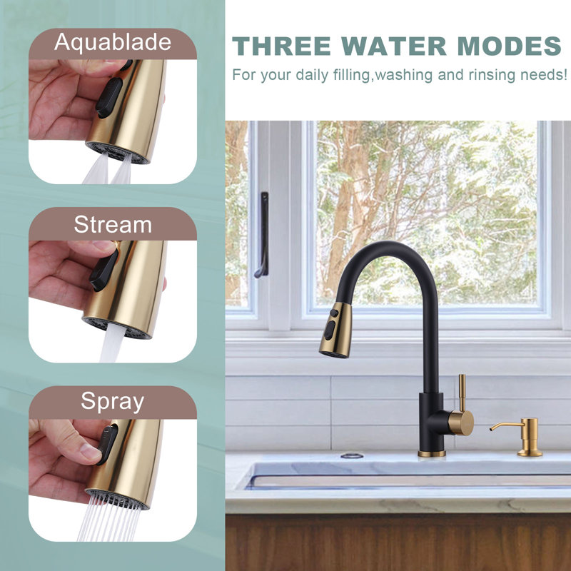 WOWOW Pull Down Kitchen Faucet with Soap Dispenser, Black/Gold