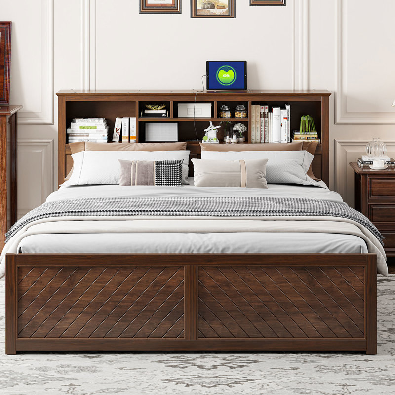 King Size Wood Platform Bed With Multi Headboard, , And Drawer - Strong Build, Antique Color, No Box Spring Ports Drawers, Needed, Stylish Look