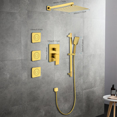 Shower System In Golden Color With Hand Shower: Natural Rainfall Experience, Self-cleaning Nozzle, 18 Package Width, Brass Head, Shower, Slide Bar, Bodysprays, Arm, Hose, Valve Trim, Lever Handles.